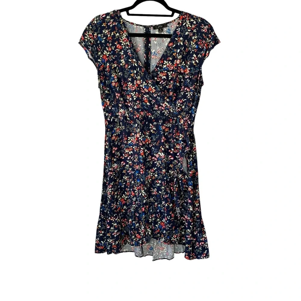 J. Crew navy multi floral print faux wrap‎ cap sleeve ruffle trim dress. Size 8